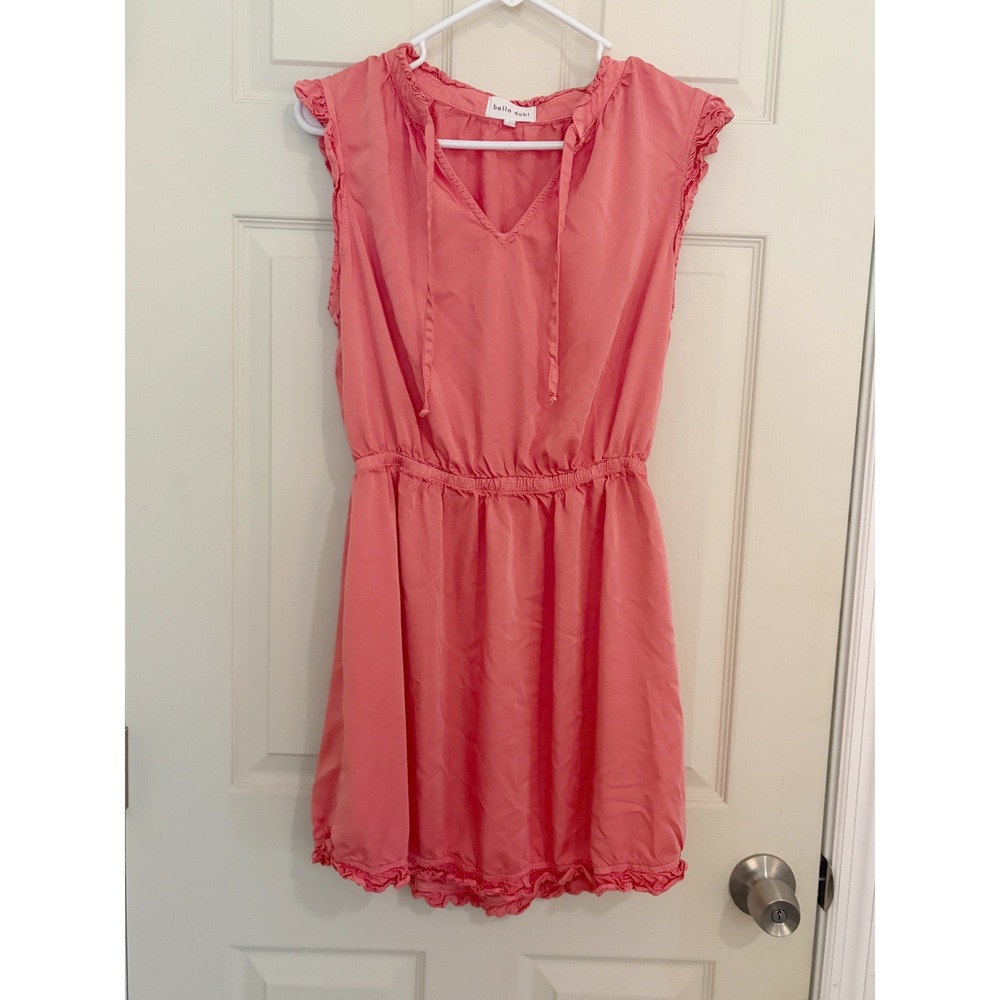 Bella Dahl Pink Ruffle Mini Dress Ecovera Sleeveless Tie Neck B6542-C01-302